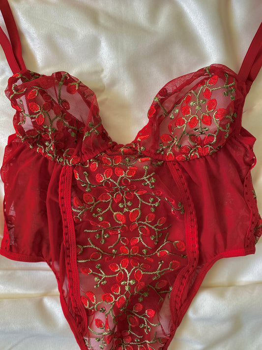 KIRMIZI ÇİÇEKLİ YANDAN BAĞLAMALI BODYSUIT ❤️‍🔥